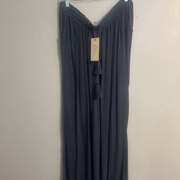 Elan Pants - Elan Blueish Gray wide leg pom poms faux drawstring pants, size 1X